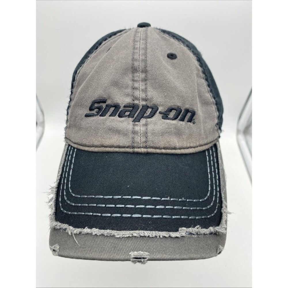 Snap-On Gray Black Tattered Hat Cap Adjustable Hook & Loop Vintage Steel Series